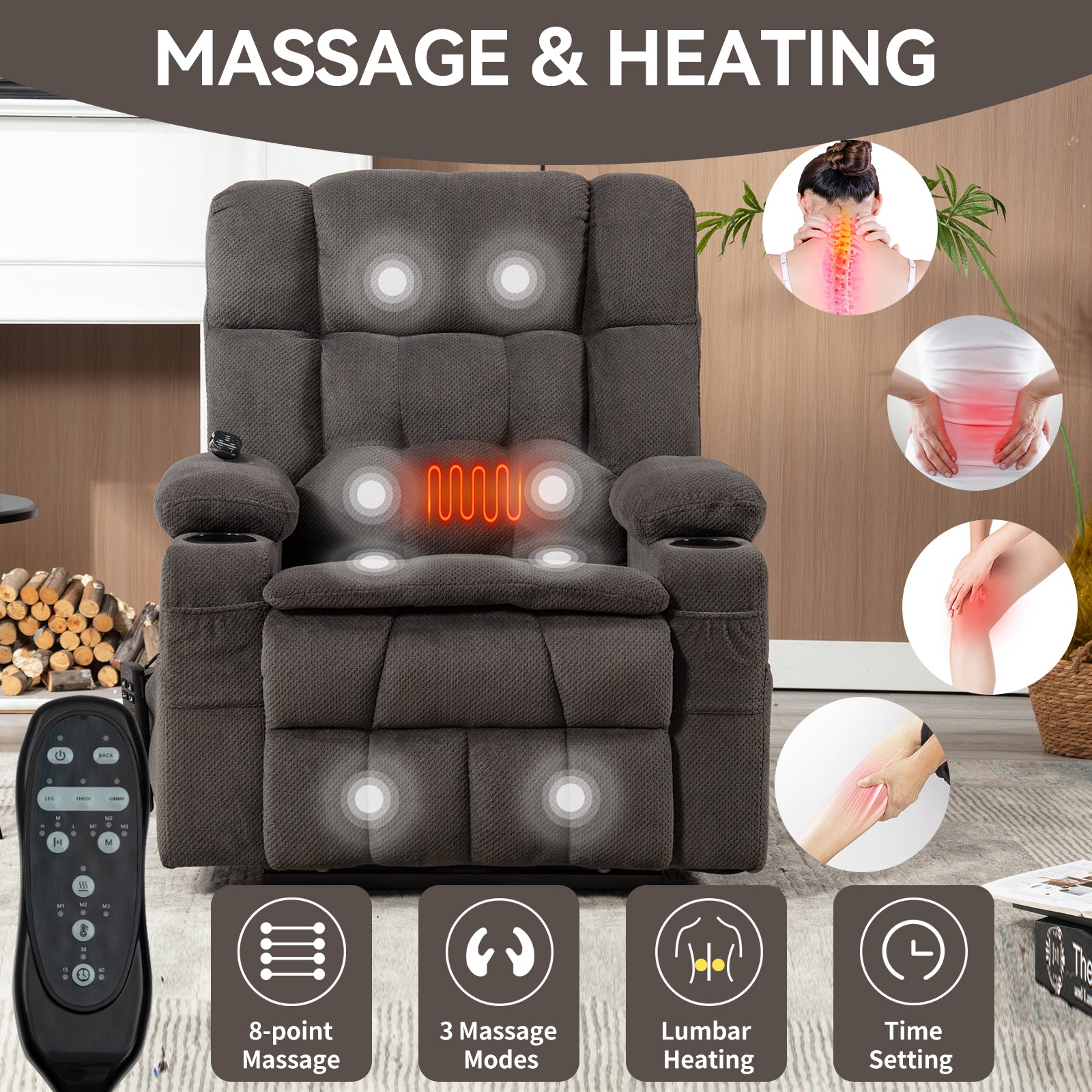 Brown Dual Motor Infinite Position Up To 350 Lbs Chenille Power Lift Recliner Chair, Heavy Duty Motion Mechanism With 8 Point Vibration Massage And Lumbar Heating, Dual Cup Holders White Metal