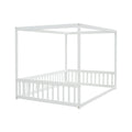 Full Size Canopy Frame Floor Bed With Fence, Guardrails,White Full White American Design Pine