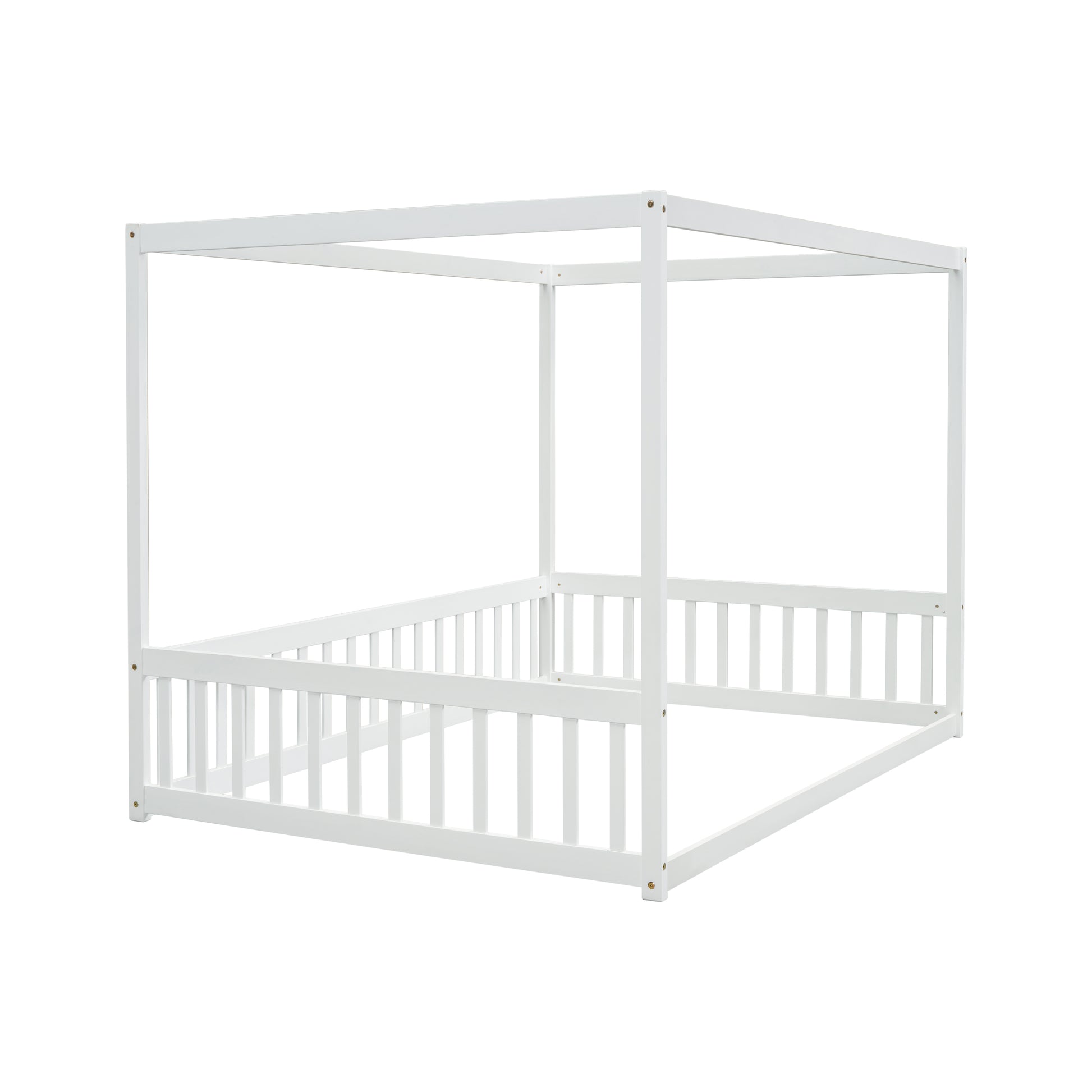 Full Size Canopy Frame Floor Bed With Fence, Guardrails,White Full White American Design Pine