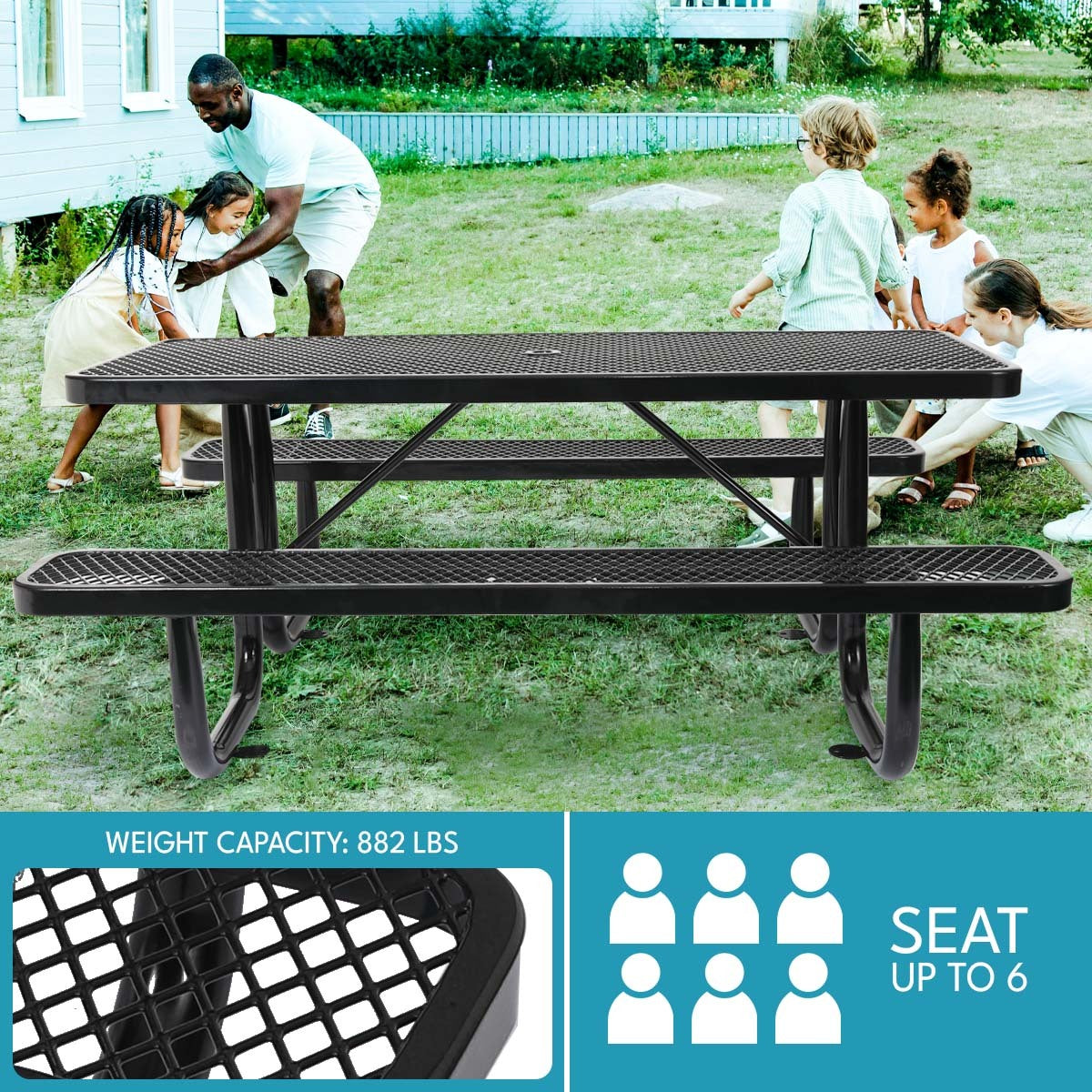 6 Ft. Rectangular Outdoor Steel Picnic Table With Umbrella Pole In Black Black Carbon Steel