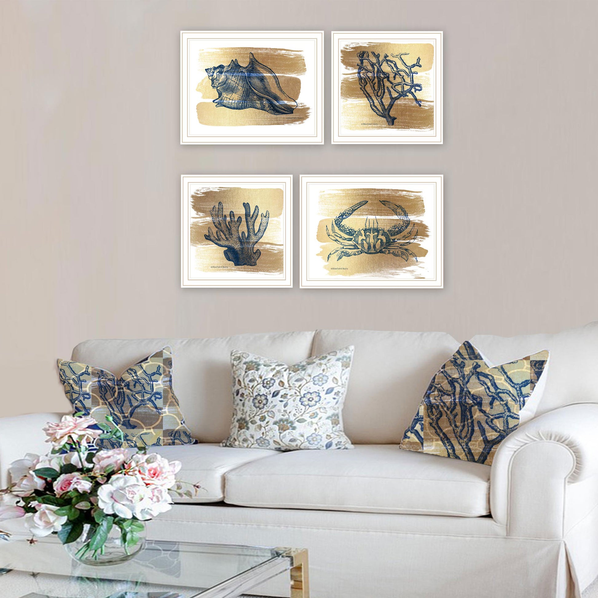 4 Pc Vignette Gold Sea Collection White Framed Wall Art For Living Room, Bedroom Wall Art Print For Home Decor By Bluebird Barn Multi Wood Paper
