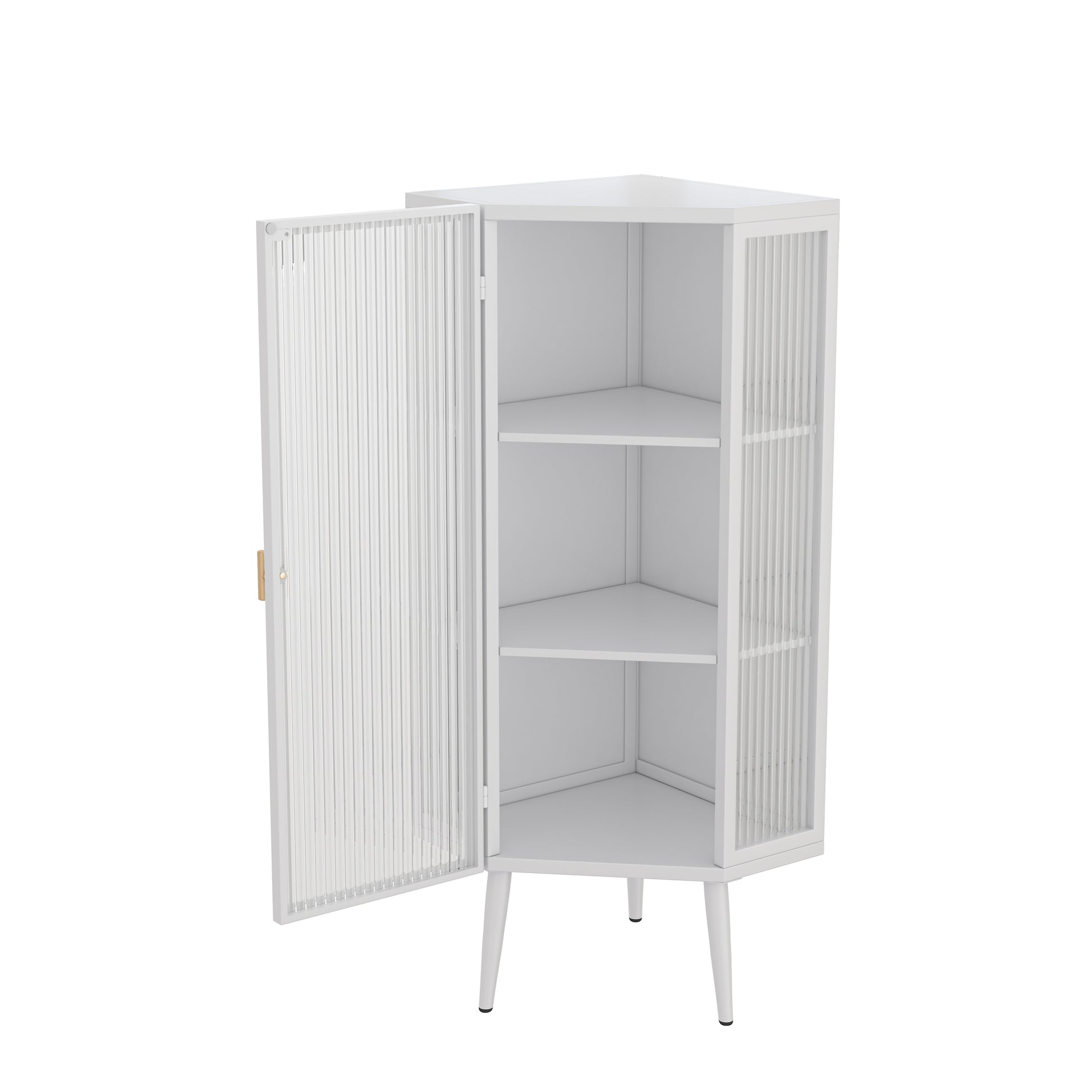 22.25'' Floor Coner Cabinet,Three Tiers With Tempered Glass Doors And Storage Shelves For Bathroom, Living Room And Bedroom White White Glass Metal