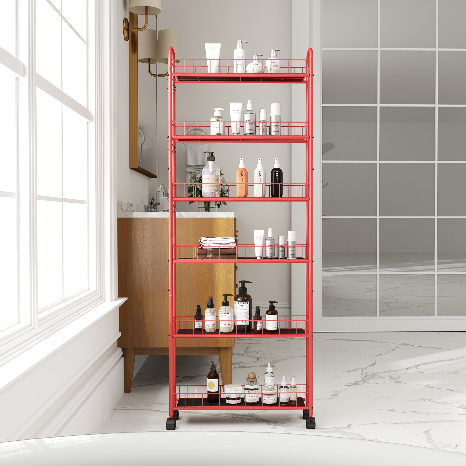 Red 6 Tier Rolling Cart Gap Kitchen Slim Slide Out Storage Tower Rack With Wheels,6 Baskets,Kitchen,Bathroom Laundry Narrow Piaces Utility Cart Red Kitchen American Design,American Traditional Metal