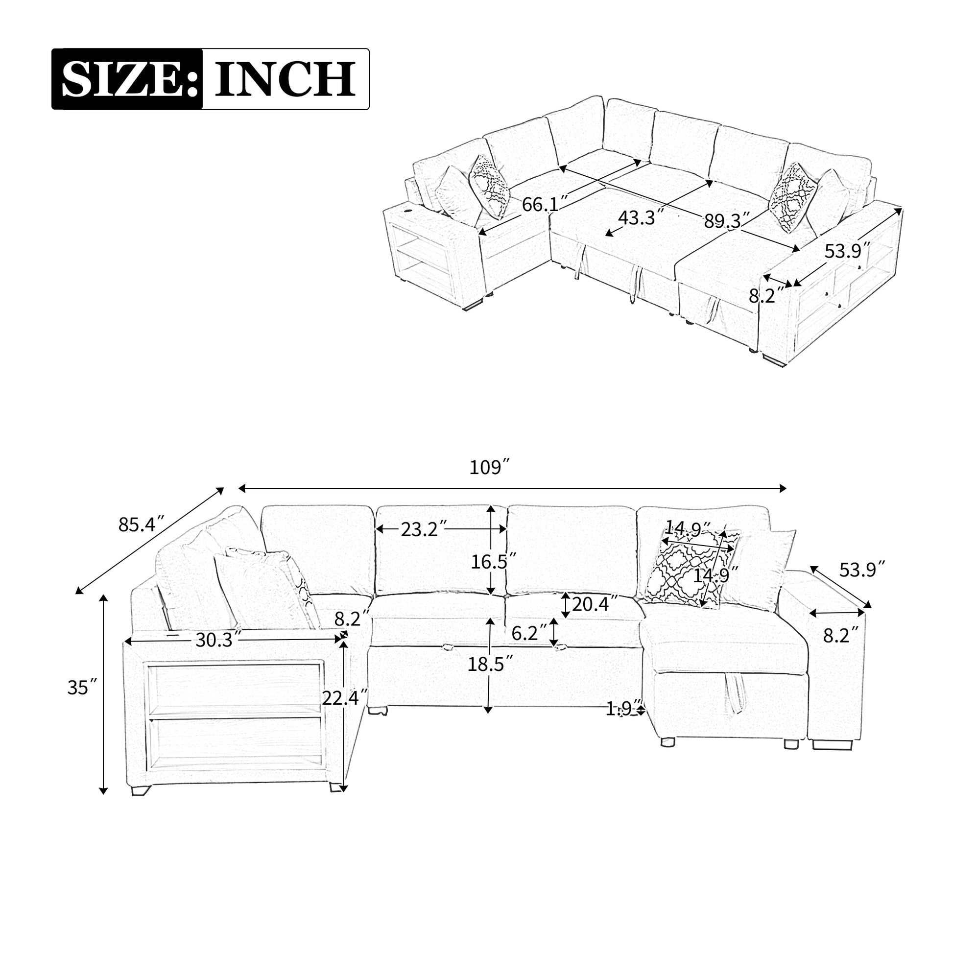 109" U Shaped Sectional Sofa Pull Out Sofa Bed With Two Usb Ports, A Storage Chaise Lounge And Four Back Pillows For Living Room, Beige Beige Foam Chenille 5 Seat