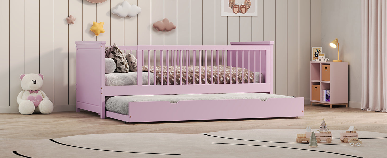 Wood Twin Size Platform Bed With Guardrail And Trundle, Pink Box Spring Not Required Twin Pink Wood Bed Frame Solid Wood Mdf