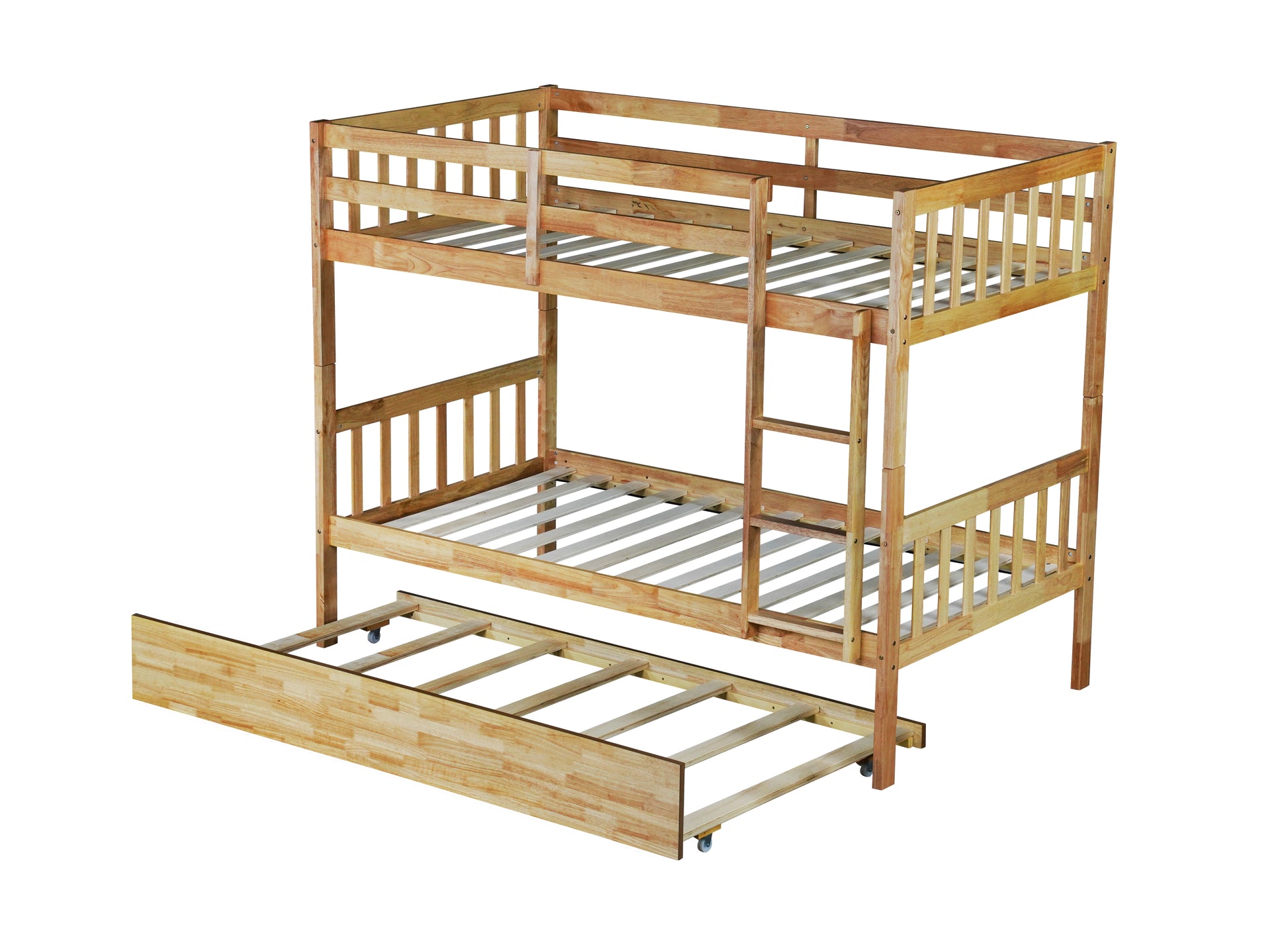 Twin Over Twin Rubber Wood Bunk Bed With Trundle, Convertible Into 2 Twin Size Beds, Twin Size Bunk Bed With Ladder And Safety Guardrails,Natural Twin Natural Rubber Wood