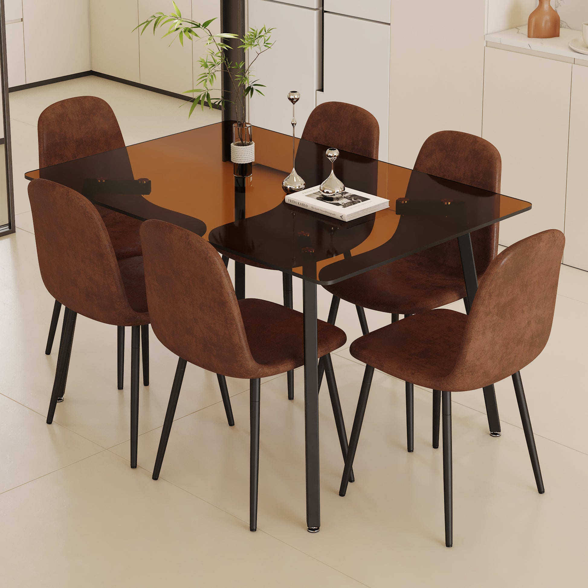 Table And Chair Set.Large Modern Rectangular Table With Brown Glass Top And Silver Metal Legs. Paired With 6 Brown Chairs With Soft Linen Fabric Cushions And Black Metal Legs. Brown,Silver Seats 6 Glass Metal