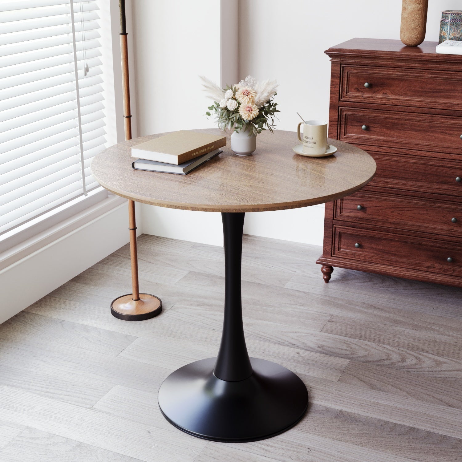 Walnut Color Round Dining Table, 31.5" Tulip Table Kitchen Dining Table 2 4 People With Mdf Table Top & Pedestal Base, Mid Century End Table Leisure Coffee Table Office Living Room Table Walnut Black Mdf