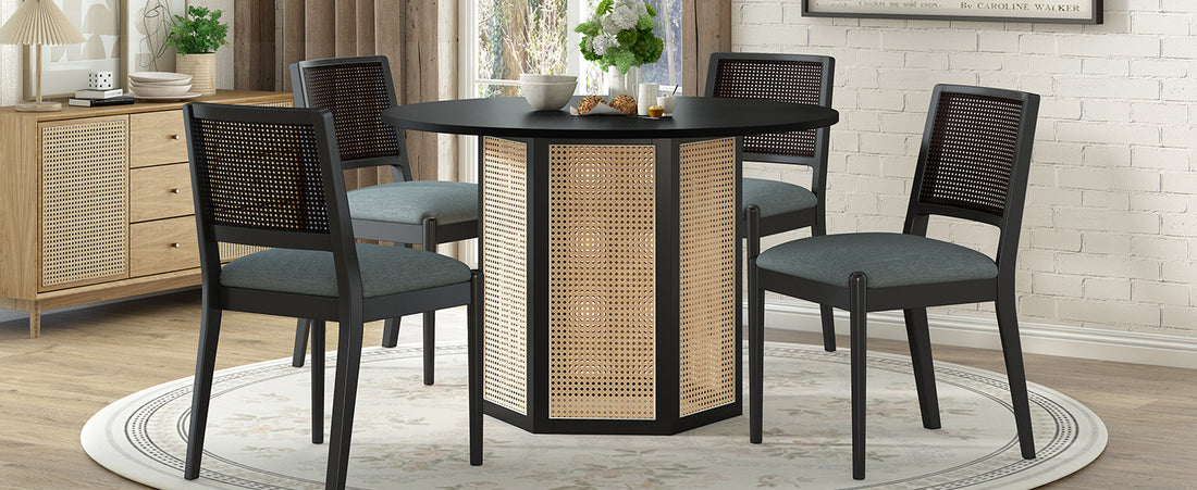 5 Piece Rattan Round Dining Table Set, Wood Table With Hexagonal Base And Upholstered Chairs For Dining Room, Kitchen,Indoor Use, Black Gray Wood Dining Room Solid Wood Rubberwood Round Dining Table With Chair Wood Wood Black Seats 4 Traditional Round