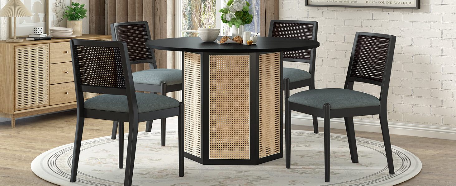 5 Piece Rattan Round Dining Table Set, Wood Table With Hexagonal Base And Upholstered Chairs For Dining Room, Kitchen,Indoor Use, Black Gray Wood Dining Room Solid Wood Rubberwood Round Dining Table With Chair Wood Wood Black Seats 4 Traditional Round