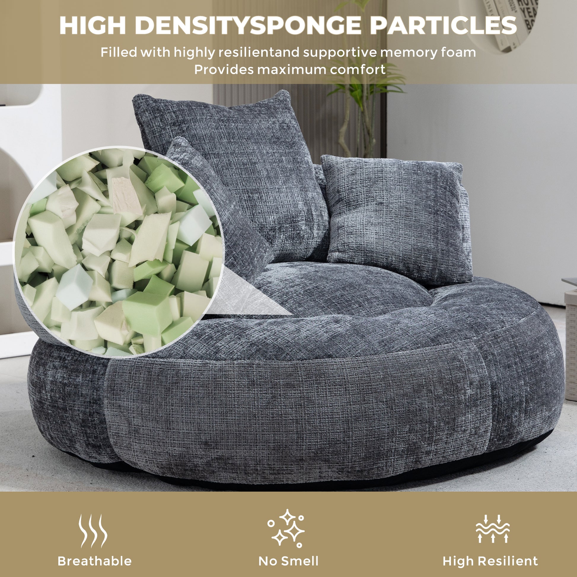 Coolmore Lazy Sofa Durable Comfort Lounger High Back Bean Bag Chair Couch With Three Pillows For Adults And Kids, Indoor & Outdoor, Single Gaming Sofa Chair For Bedroom,Office Gray Chenille Gray Foam Chenille 1 Seat