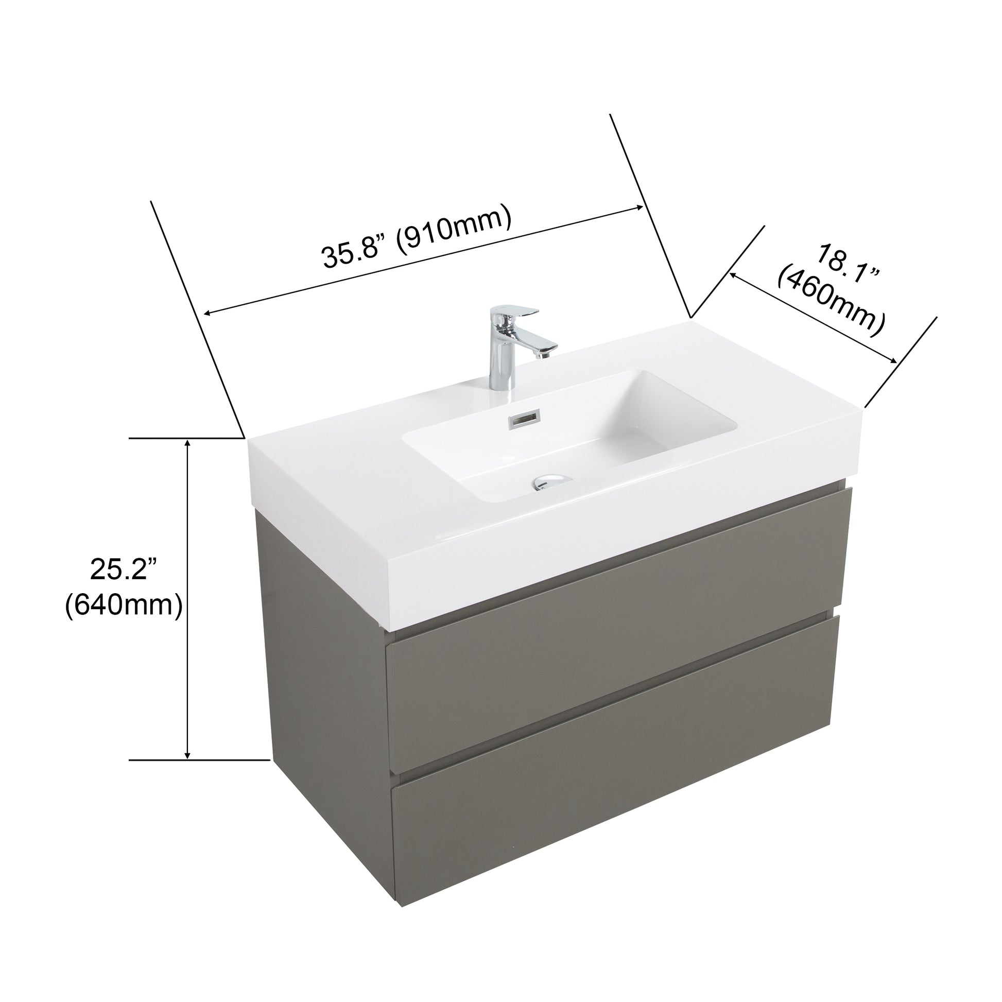 Alice 36" Gray Bathroom Vanity With Sink, Large Storage Wall Mounted Floating Bathroom Vanity For Modern Bathroom, One Piece White Sink Basin Without Drain And Faucet, Pre Assembled Gray Bathroom Modern Particle Board