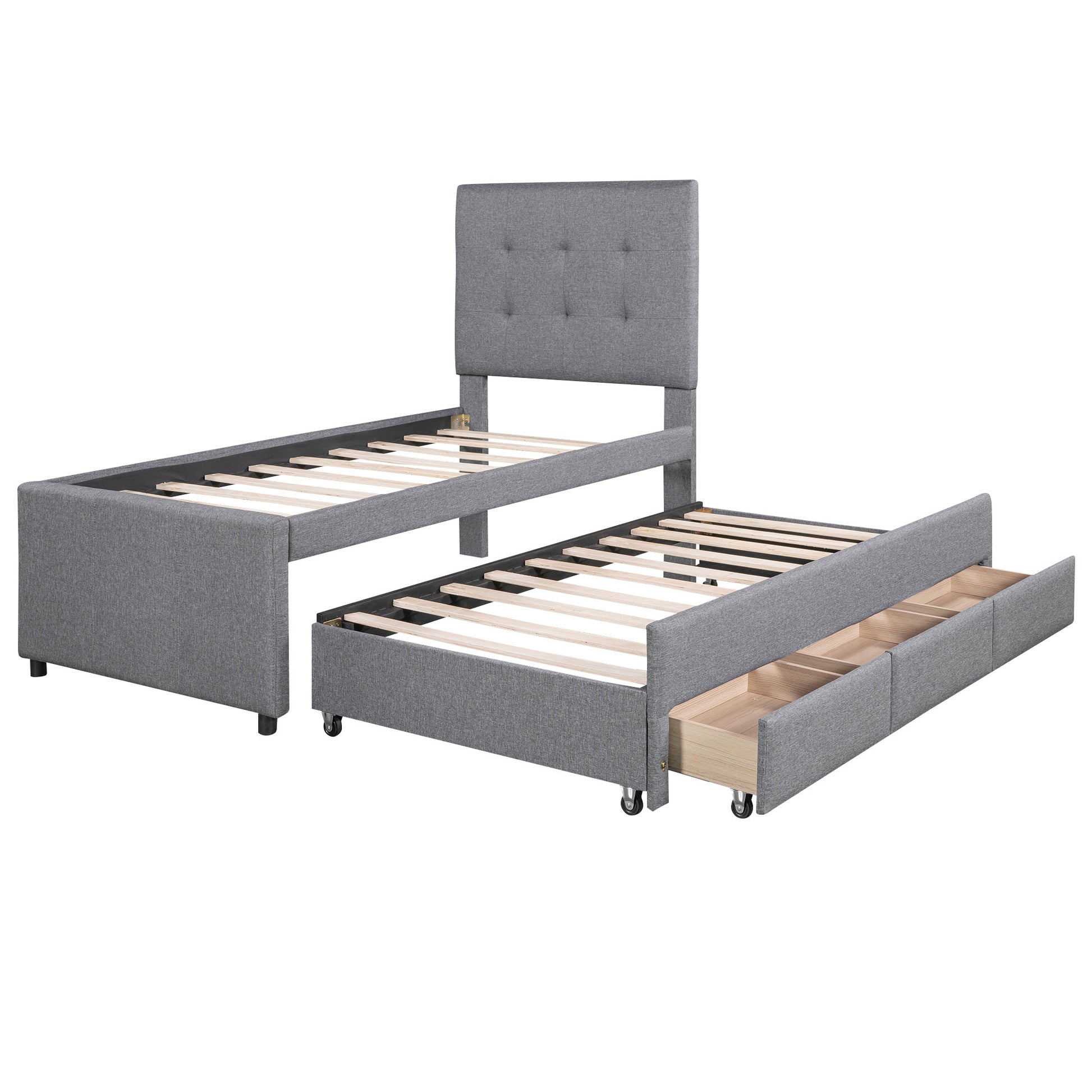 Twin Size Upholstered Platform Bed With Pull Out Twin Size Trundle And 3 Drawers, Gray Twin Gray Upholstered