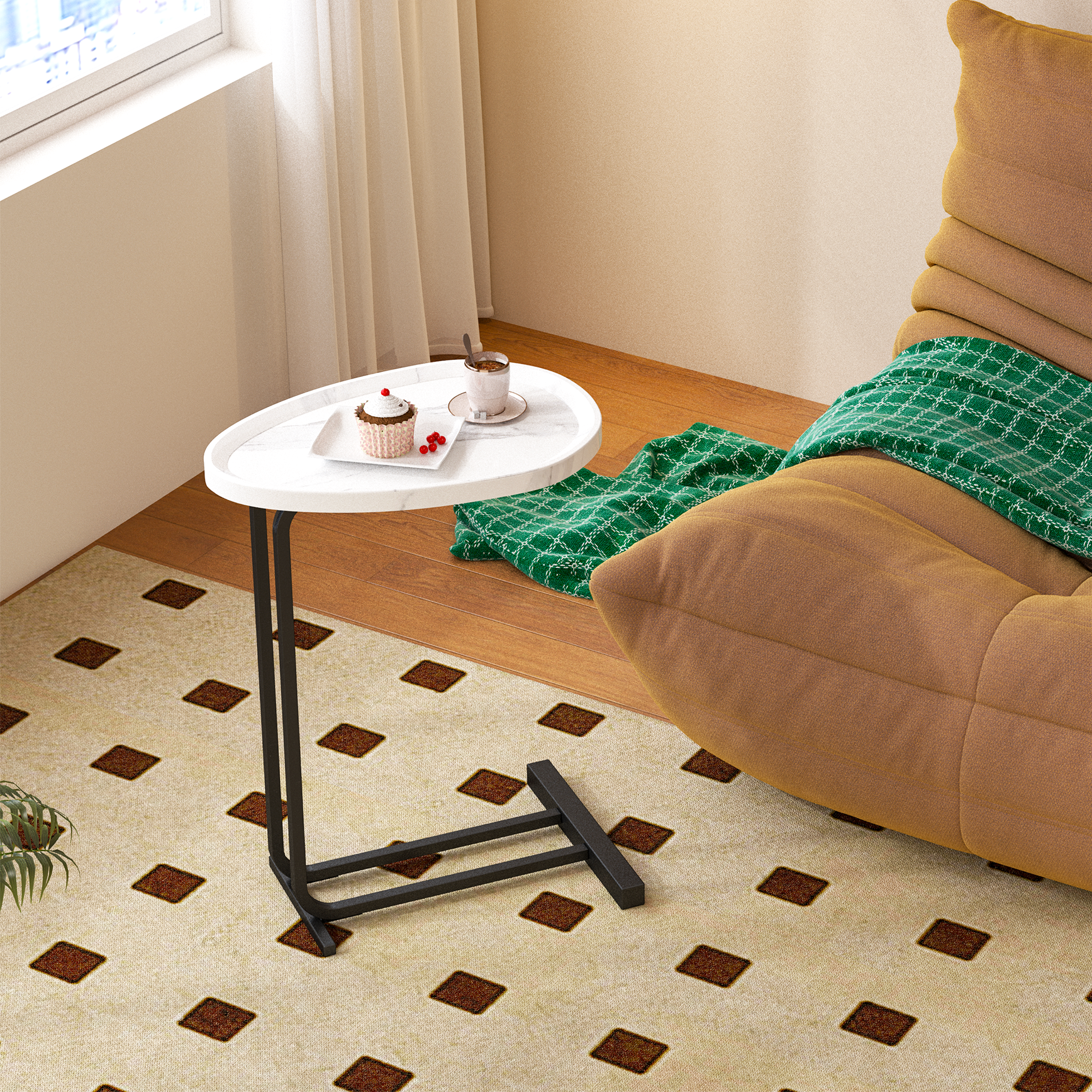 C Shaped Side Table, C Table End Table For Sofa And Bedside, Couch Side Tables, Wood C Shaped End Table With Metal Frame Slide For Bedroom Living Room White White Mdf Metal