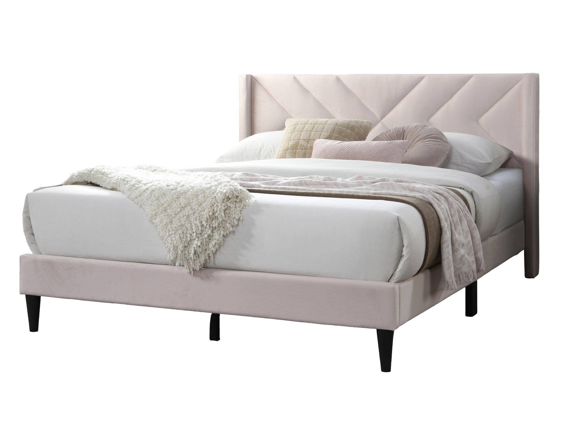 Elegant Modern Light Pink Velvet Upholstered Queen Size Bed Clean Lines Design Headboard 1Pc Bedframe Box Spring Not Required Queen Light Pink Wood Bedroom Contemporary,Modern Bed Frame Velvet