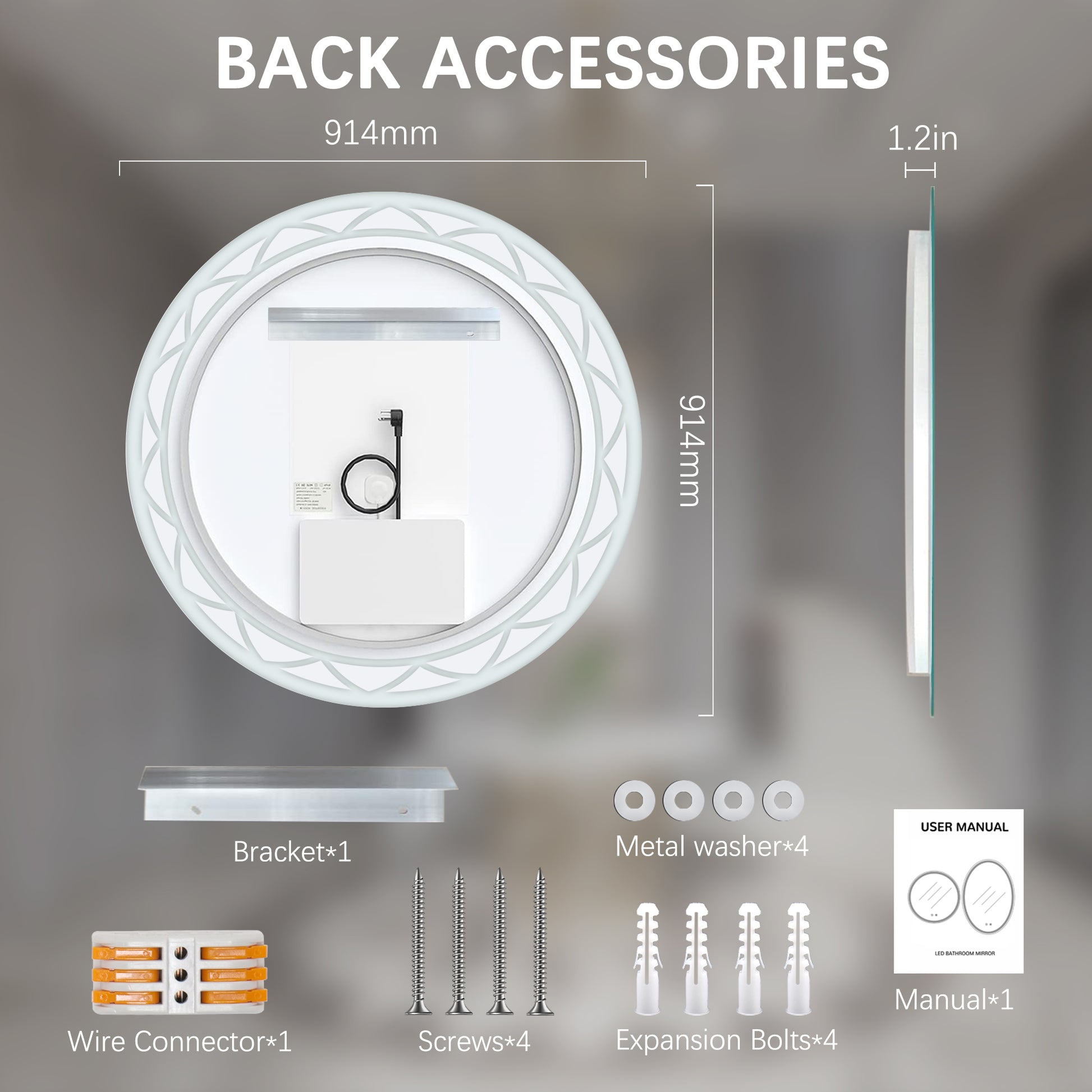 36" Round Led Bathroom Mirror Adjustable Color Temperatures And Anti Fog, Wall Mounted Design White Black Aluminium,Tempered Glass