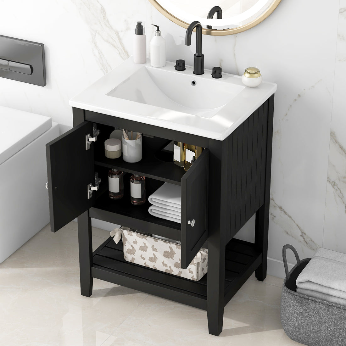 Video 24" Black Modern Sleek Bathroom Vanity Elegant Ceramic Sink With Solid Wood Frame Open Style Shelf Black Solid Wood Mdf