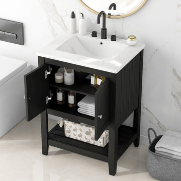 Video 24" Black Modern Sleek Bathroom Vanity Elegant Ceramic Sink With Solid Wood Frame Open Style Shelf Black Solid Wood Mdf