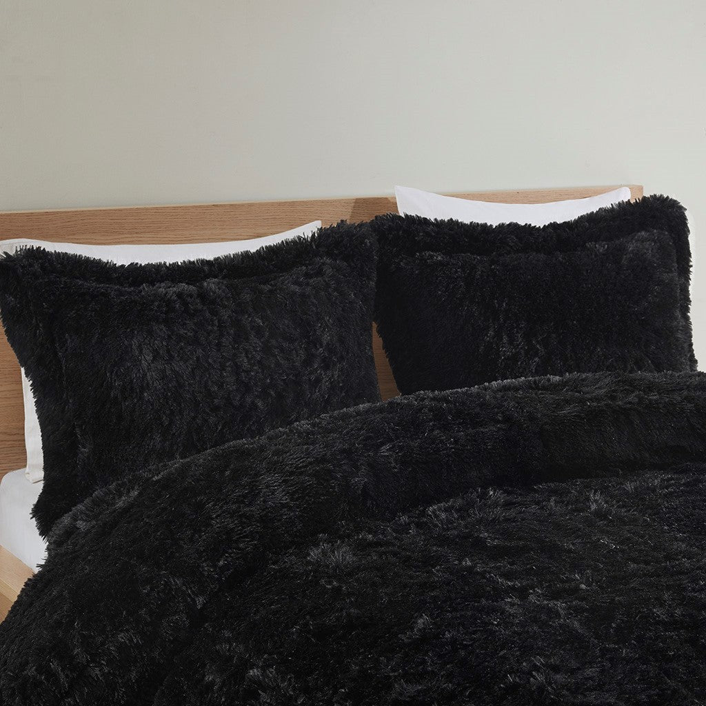 Shaggy Long Fur Comforter Mini Set King Black Polyester