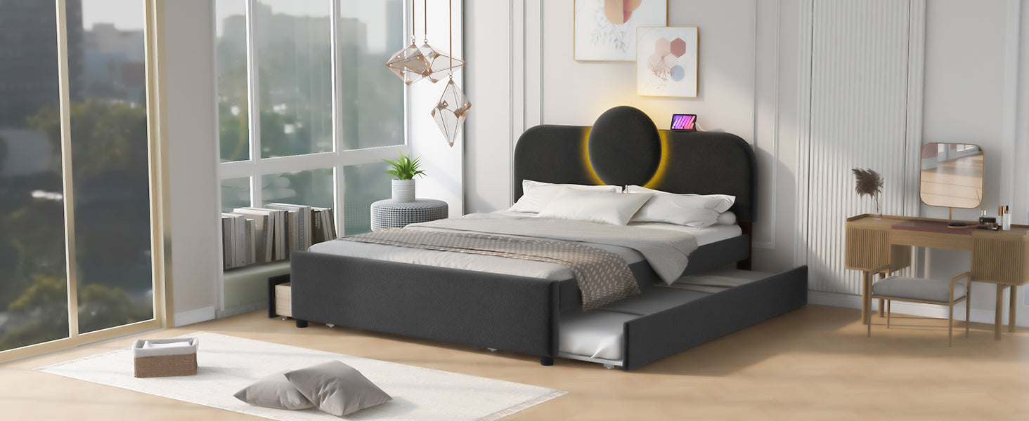 Queen Size Upholstered Platform Bed With Multi Functional Headboard, Trundle And 2 Drawers, Gray Box Spring Not Required Queen Gray Wood Bedroom Upholstered