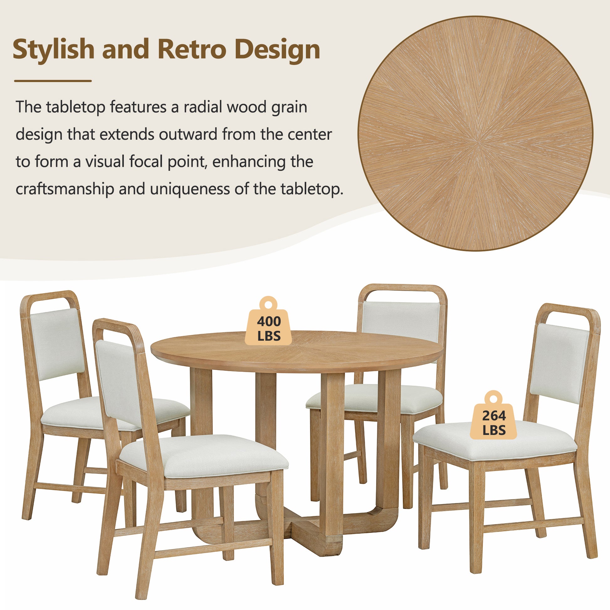 5 Piece Retro Dining Set, Round Table Top With Radial Wood Grain Design And 4 Upholstered Chairs For Dining Room And Kitchen Natural Wood Wash Natural Wood Wash Solid Wood Mdf