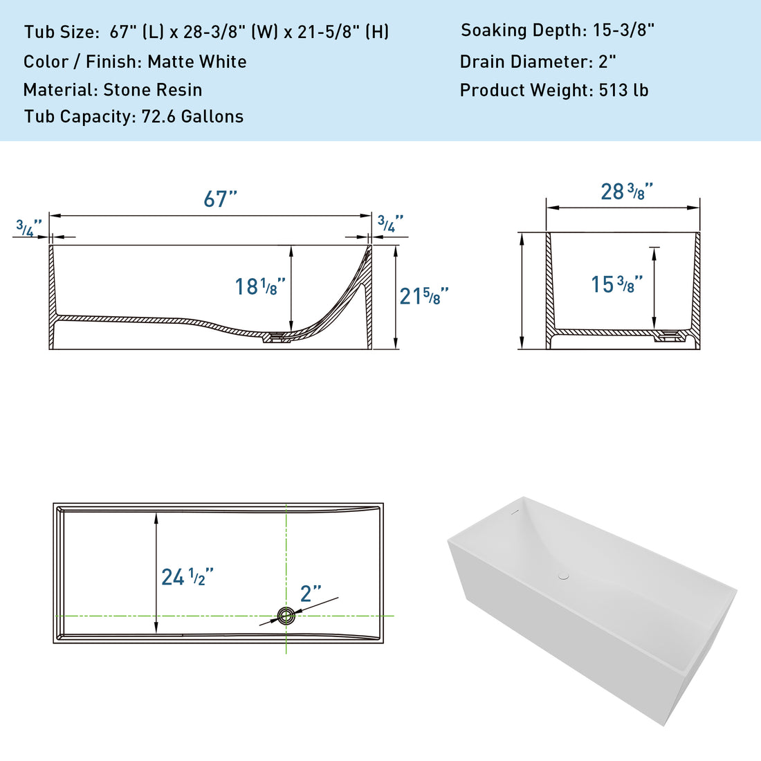 67" Freestanding Solid Surface Bathtub, Stone Resin Freestanding Bath Tub With Overflow And Pop Up Drain, Matte White 24S01 67Mw Matte White Rectangle Bathroom Freestanding Tubs Solid Surface