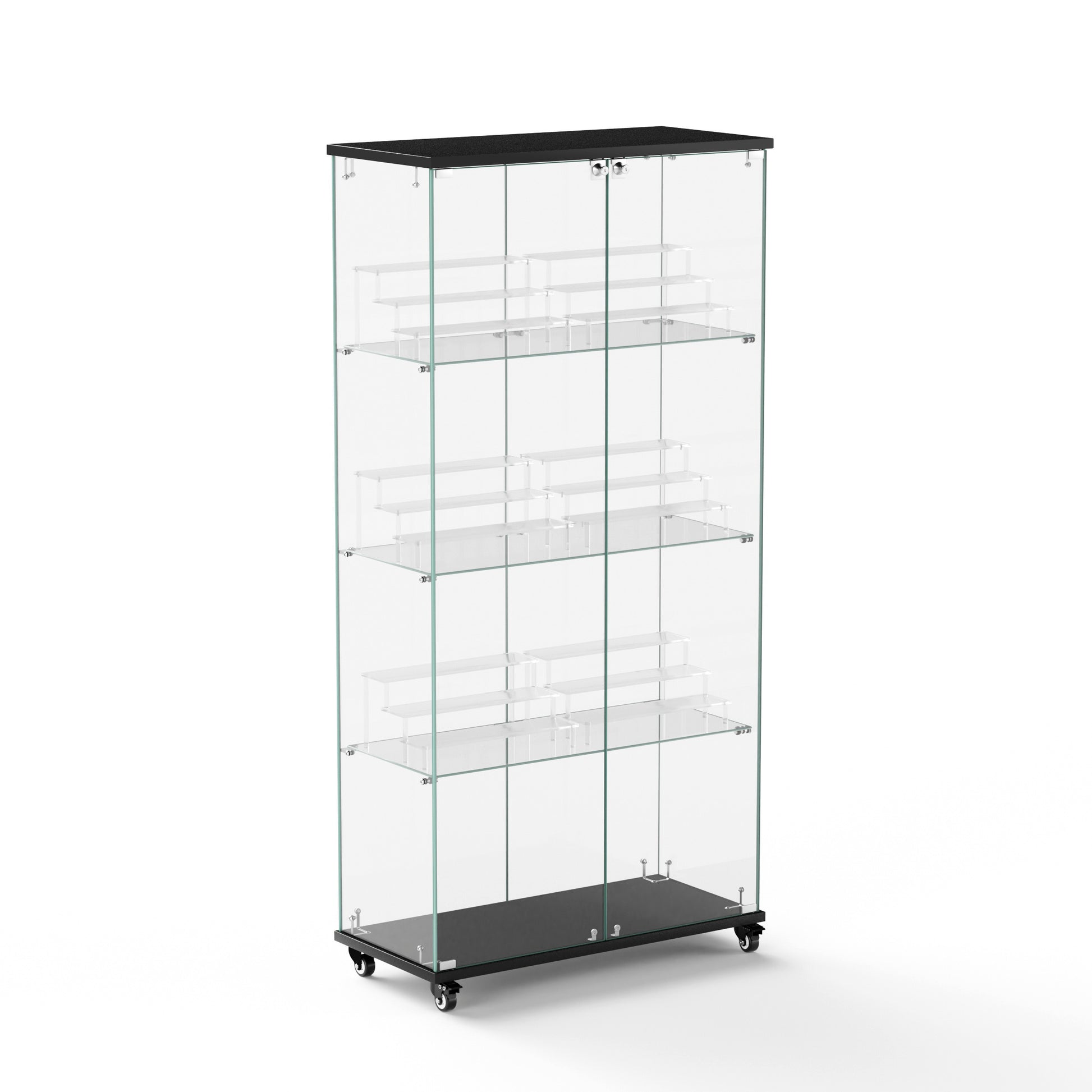 4 Tier Glass Display Cabinet, Double Door Glass Cabinet With Two Locks, Floor Standing Storage Cabinet With 6 Acrylic Shelves For Living Room, Bedroom And Office, Black, 31.5"L X 14.2"W X 65.1"H