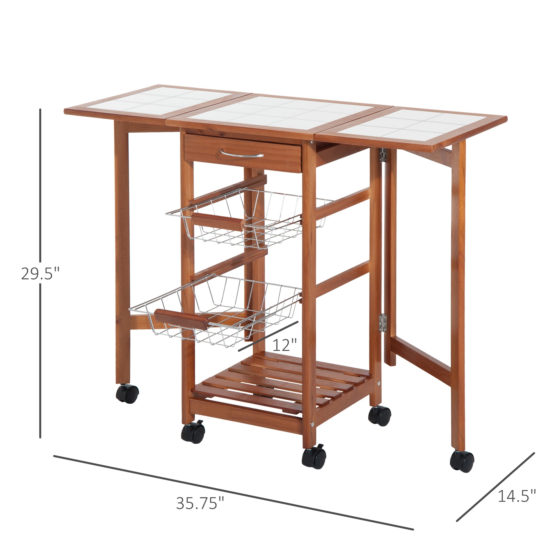 Homcom 37" Modern Wooden Kitchen Island With Drop Leaf, Rolling Cart With Basket Storage Honey Iron