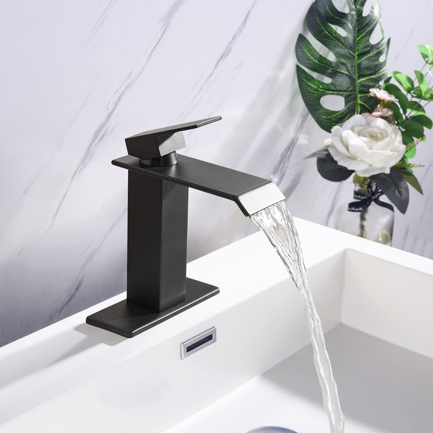 Waterfall Spout Bathroom Faucet,Single Handle Bathroom Vanity Sink Faucet Matte Black Stainless Steel