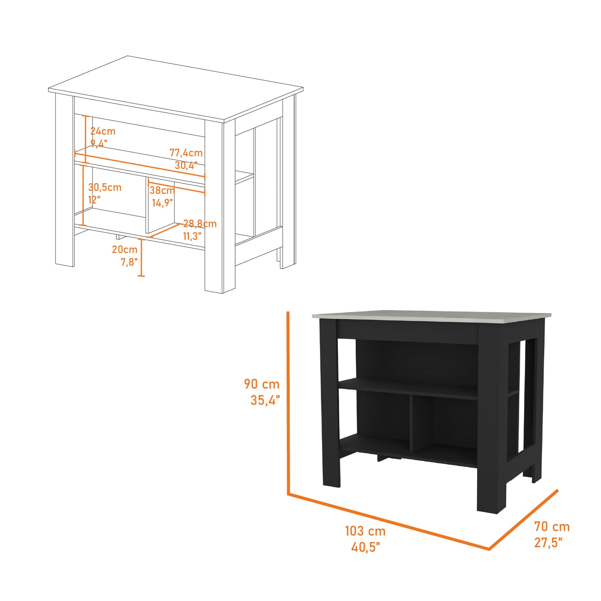 Brooklyn Kitchen Island, Three Concealed Shelves Multicolor Kitchen Contemporary,Modern Melamine Melamine