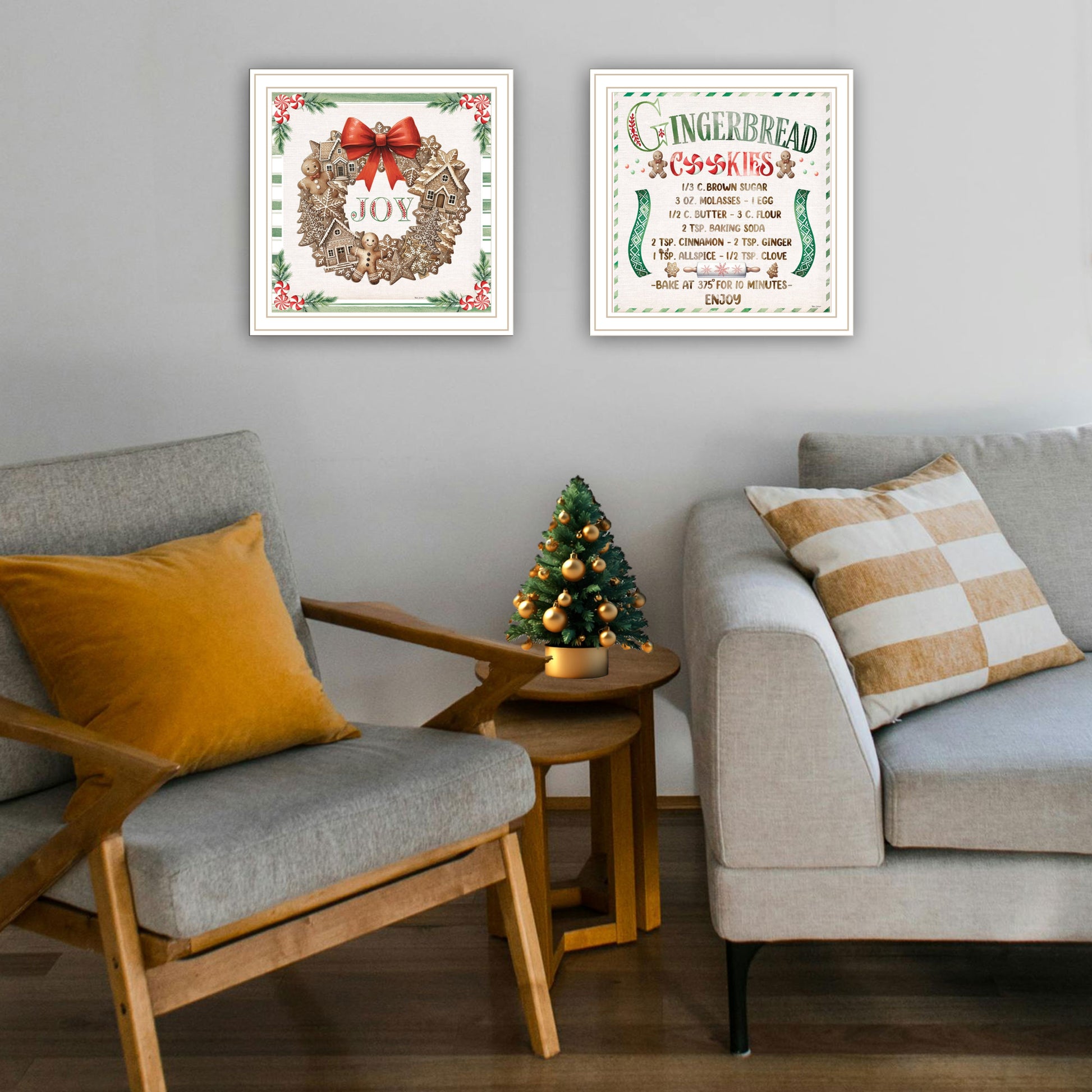 2 Piece Vignette Gingerbread Wreath White Framed Wall Art For Living Room, Bedroom Wall Art Print For Home Decor By Nicole Decamp Multicolor Wood Paper