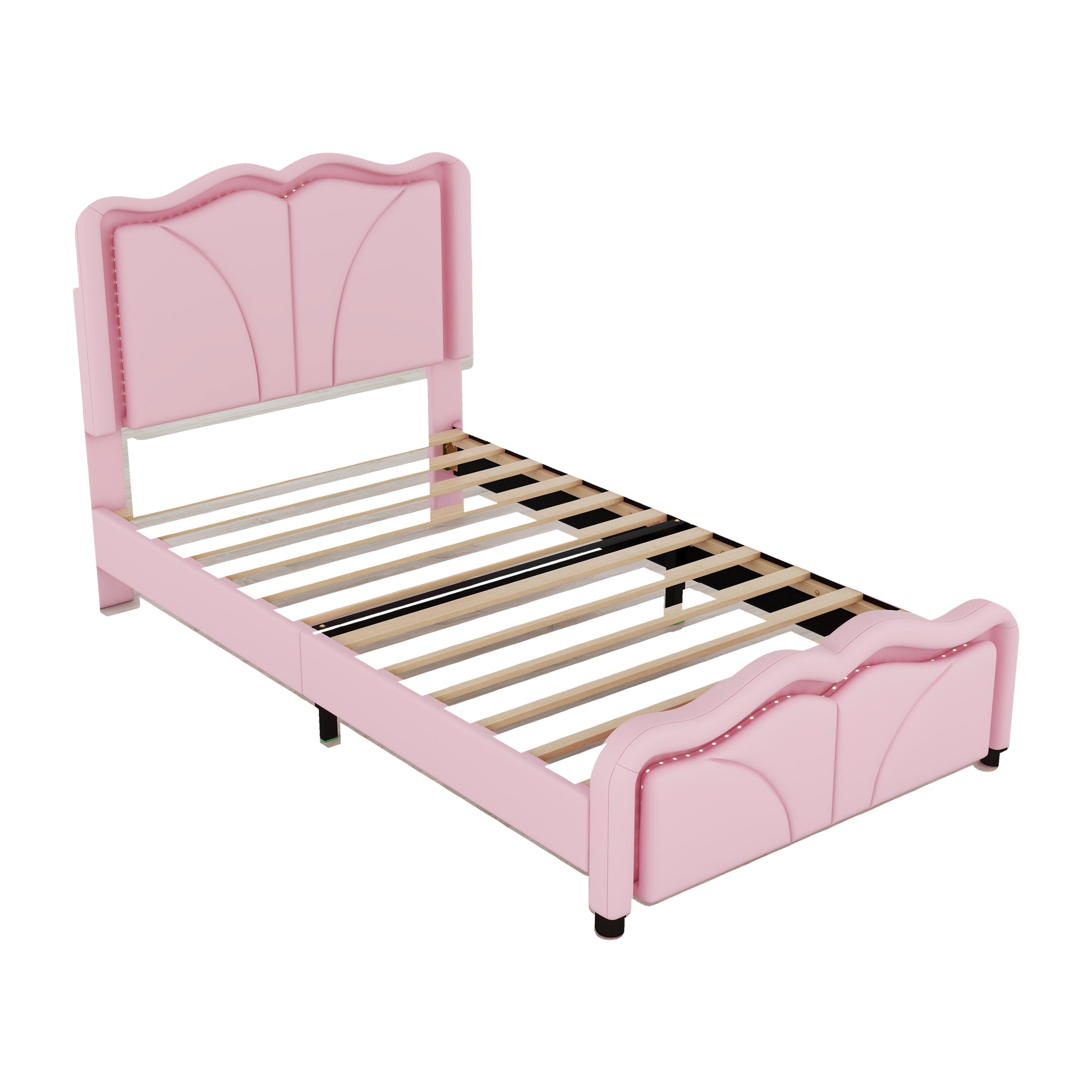 Twin Size Upholstered Platform Bed With Curve Shaped And Height Adjustbale Headboard,Led Light Strips,Pink Twin Pink Upholstered