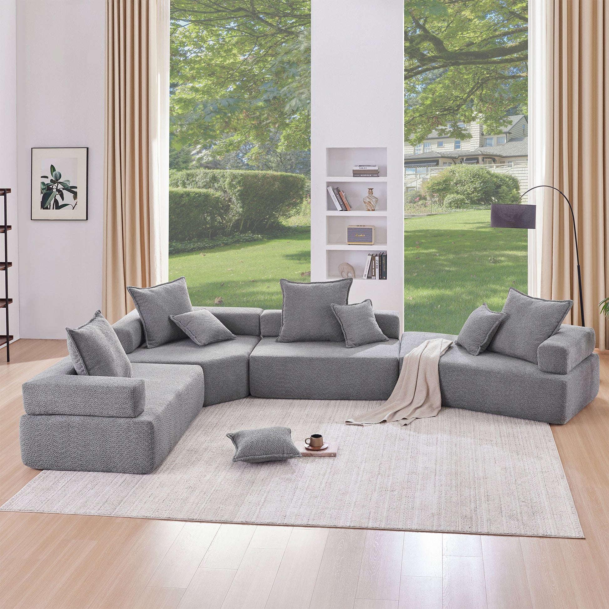 156''Oversized Modular U Shaped Sectional Sofa,Luxury Boucle Floor Couch Set,Convertible Sleeper Couch,Spacious Foam Filled Sofa Bed For Living Room,4 Pc Free Combination,2 Color Gray Boucle 6 Seat