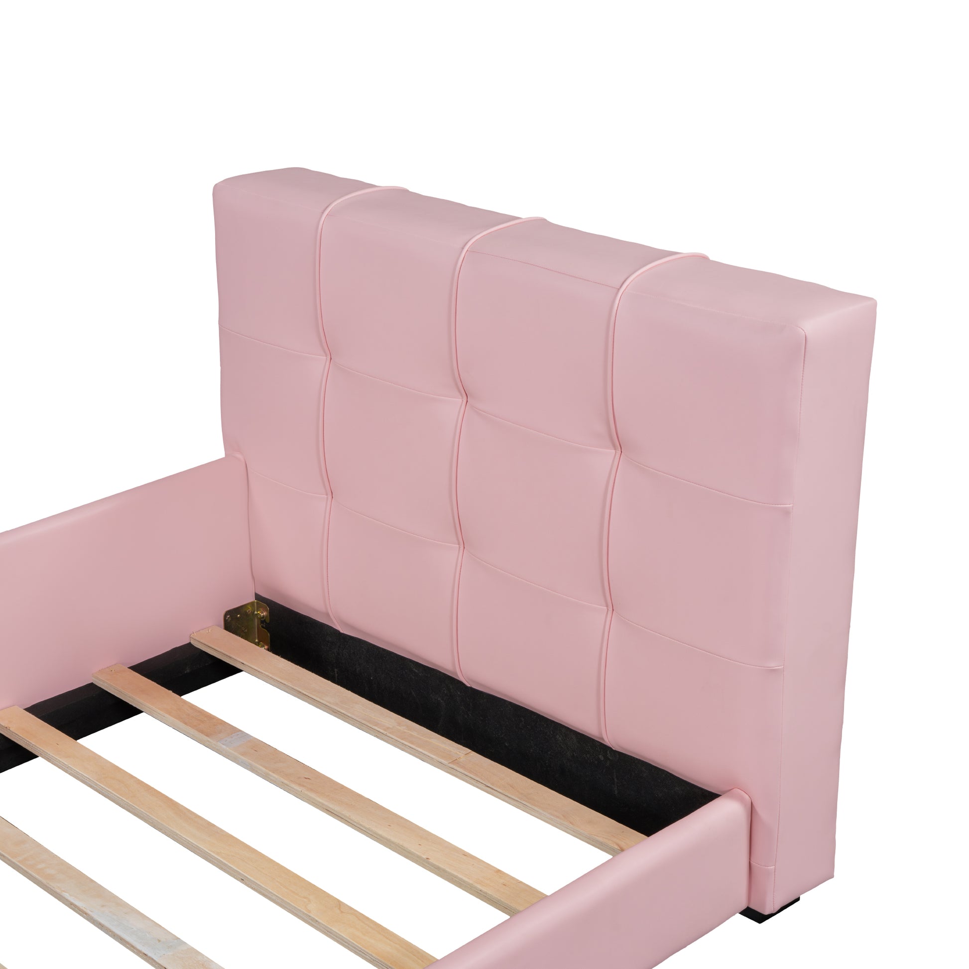 Twin Size Upholstered Platform Bed With Guardrail, Pink Box Spring Not Required Twin Pink Wood Faux Leather Upholstered