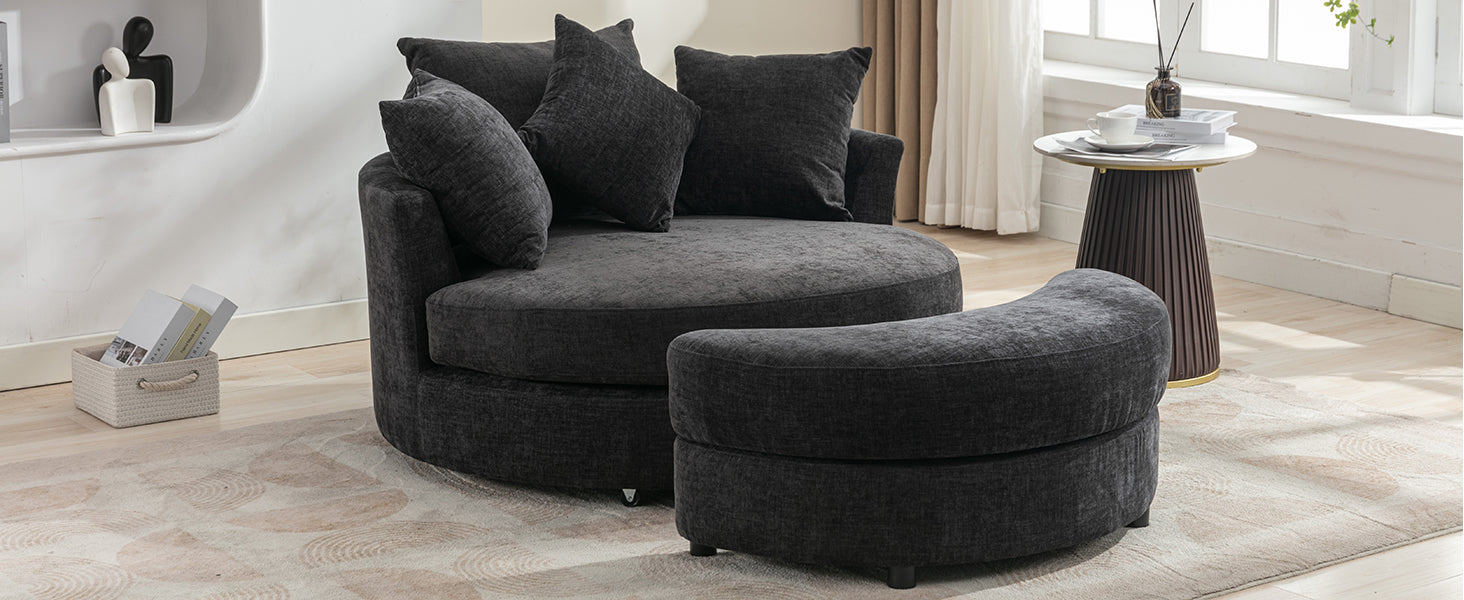 Orisfur. 360 Swivel Accent Barrel Chair With Storage Ottoman & 4 Pillows, Modern Chenille Leisure Chair Round Accent For Living Room, Gray Gray Foam Chenille