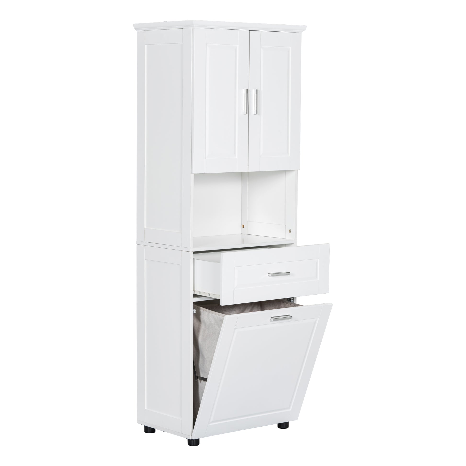 Tall Bathroom Cabinet With Laundry Basket, Large Storage Space Tilt Out Laundry Hamper And Upper Storage Cabinet, White White Mdf