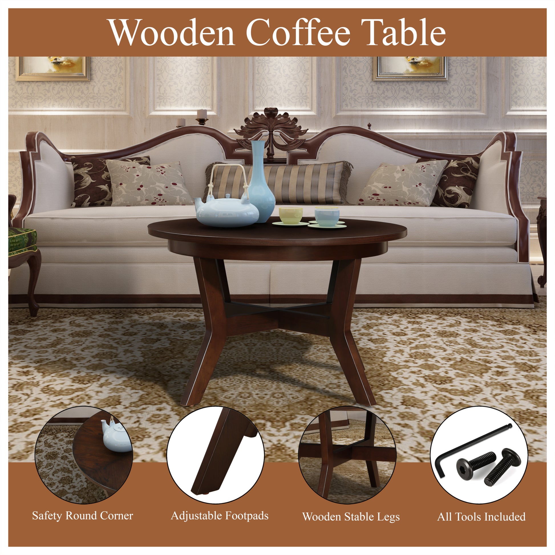 32Inch Wood Round Coffee Table For Living Room,Mid Century Farmhouse Circle Wooden Coffee Tables For Apartment, Easy Assembly, Espresso Espresso Rubber Wood