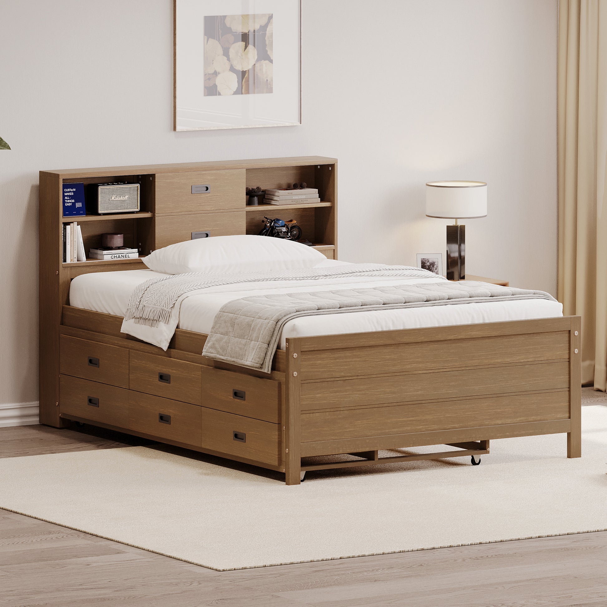 Full Size Captain Bed With Storage Bookcase Headboard,Captain Bed With Trundle And Three Storage Drawers For Kids Teens Dorm Bedroom Multipurpose Guest Room Or Home, Walnut Box Spring Not Required Full Walnut Wood Solid Wood Mdf