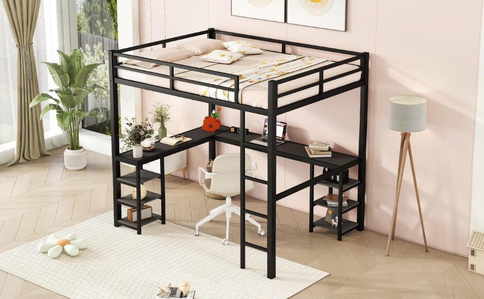 Full Metal Loft Bed With Desk And Shelves, Loft Bed With Ladder And Guardrails, Loft Bed Frame For Bedroom, Black With Black Desk Full Black Metal