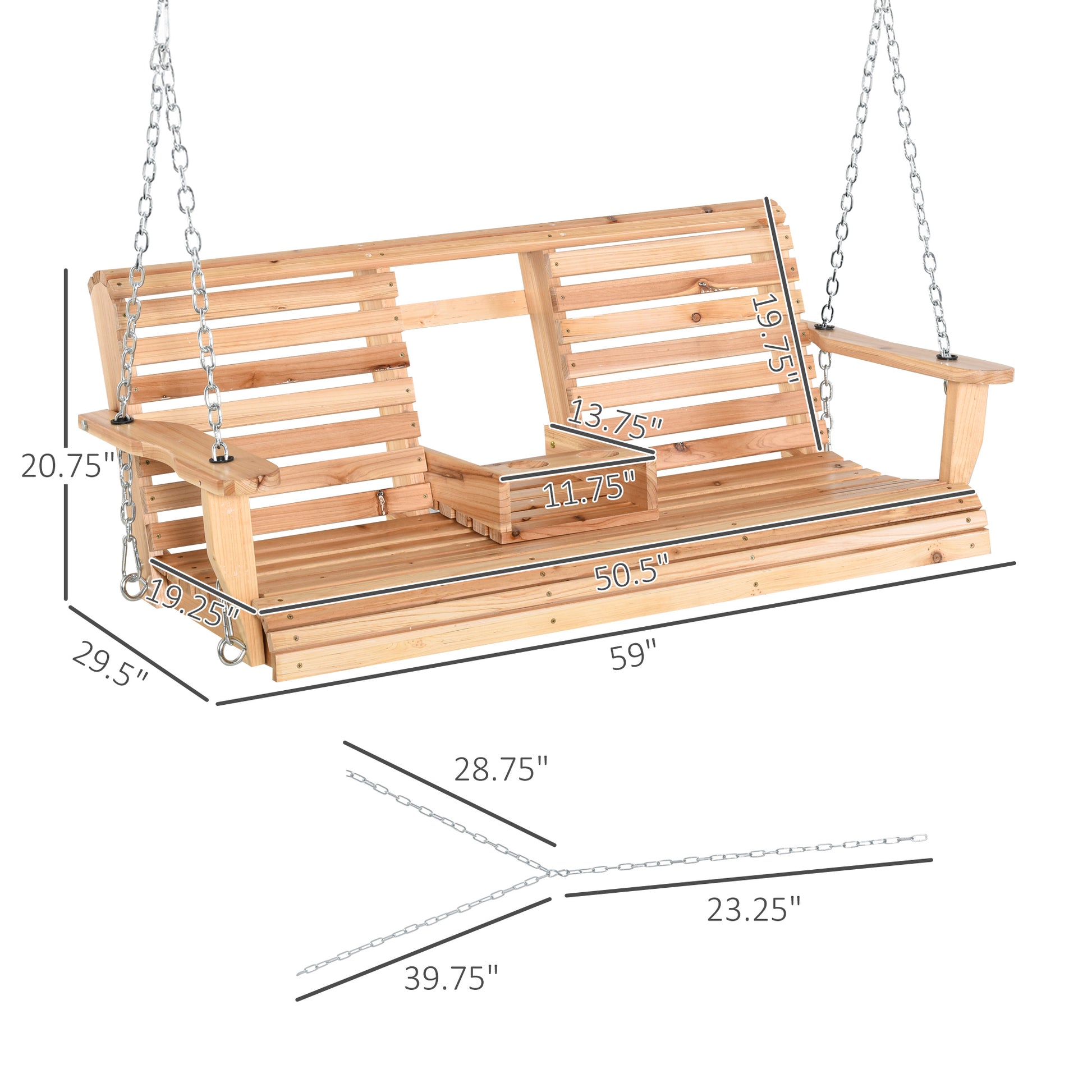 Outsunny 3 Seater Wooden Porch Swing, Patio Swing Bench With Folding Coffee Table, Cup Holders And Chains Included, 440Lbs Weight Capacity, Natural Natural Wood