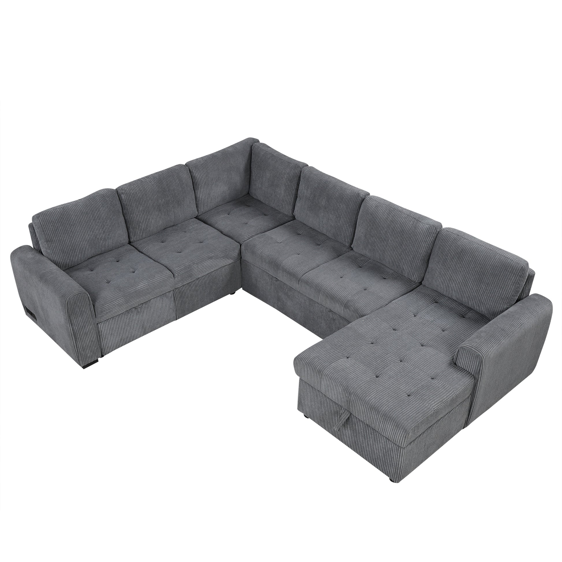 107.5" U Shaped Sofa Sectional Sofa Pull Out Sofa Bed With A Storage Chaise Lounge, Charging Devices For Living Room, Gray Gray Foam Corduroy 5 Seat