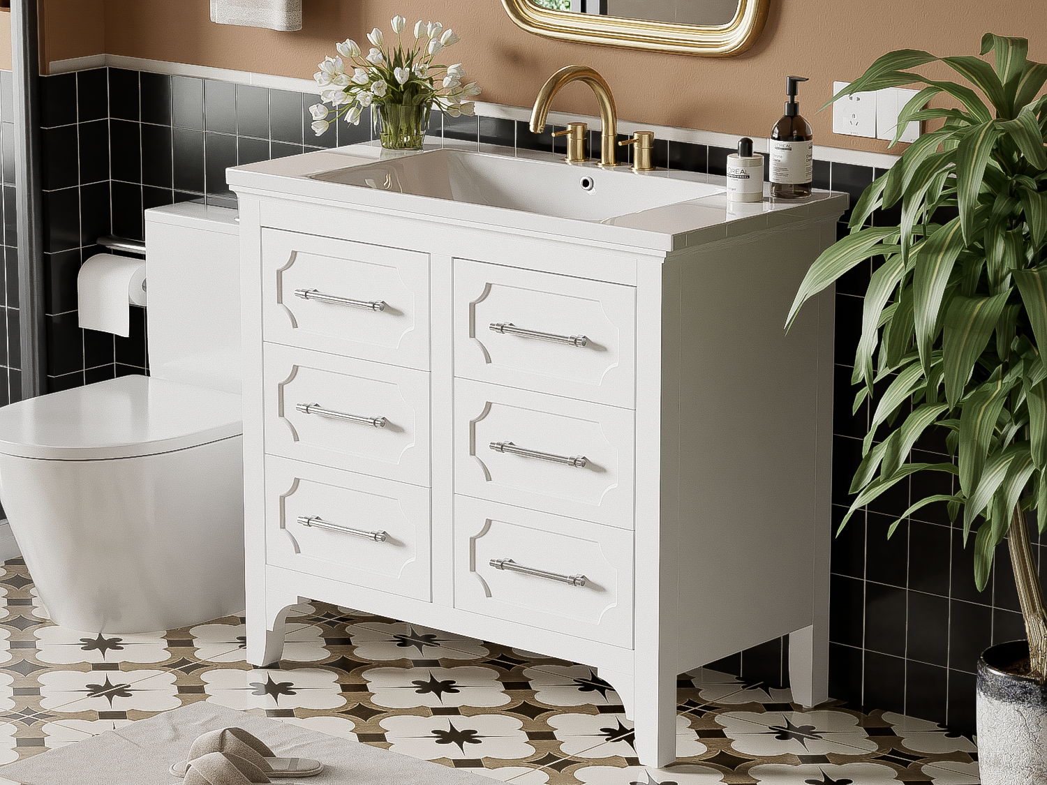 36'' Bathroom Vanity With Resin Sink Combo, Free Standing Single Vanity Set With Four Drawers, Solid Wood Frame Bathroom Storage Cabinet Same As Sw000128Aak White Bathroom Modern Solid Wood Mdf