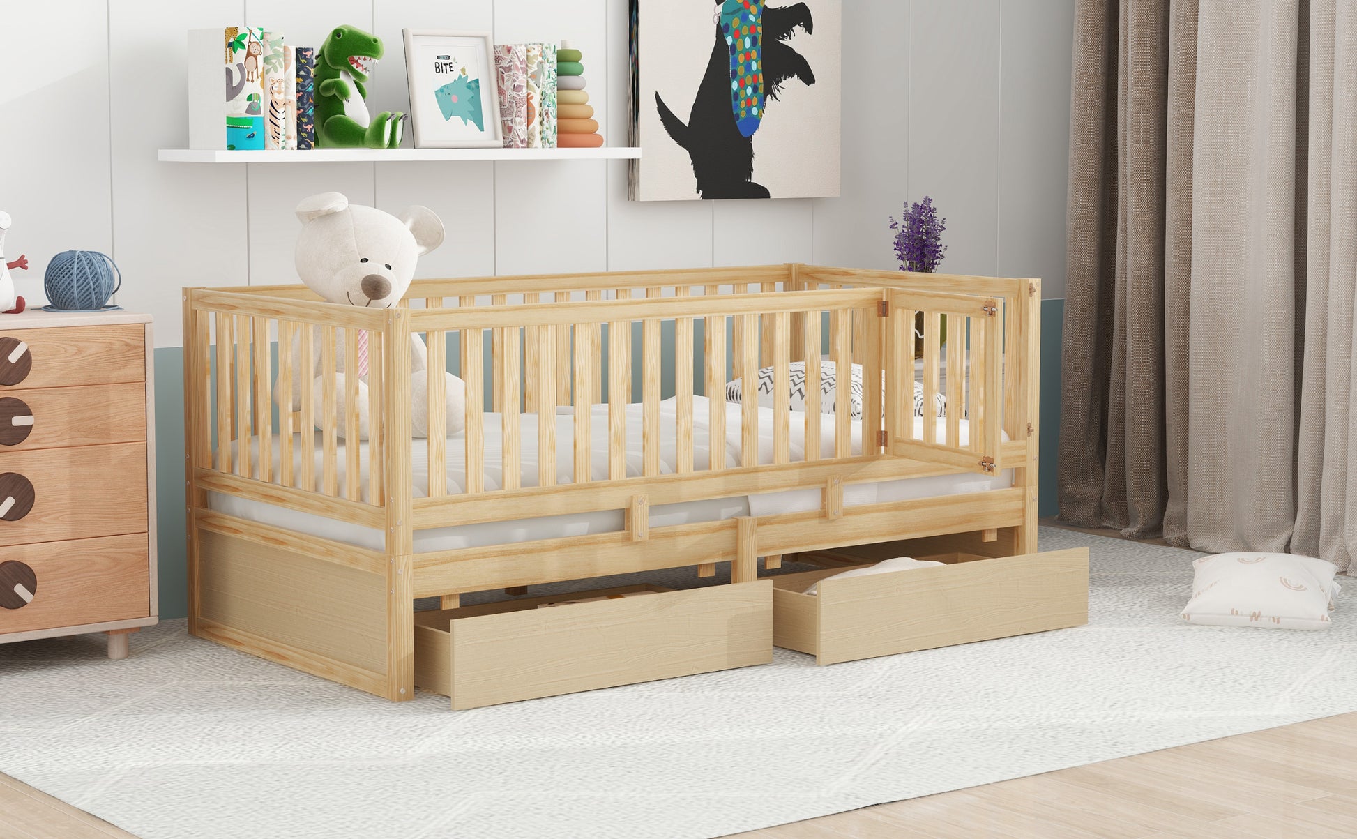 Twin Size Wood Daybed With Fence Guardrails And 2 Drawers, Split Into Independent Floor Bed & Daybed, Natural Old Sku :Lp000881Aan Twin Natural Solid Wood Mdf