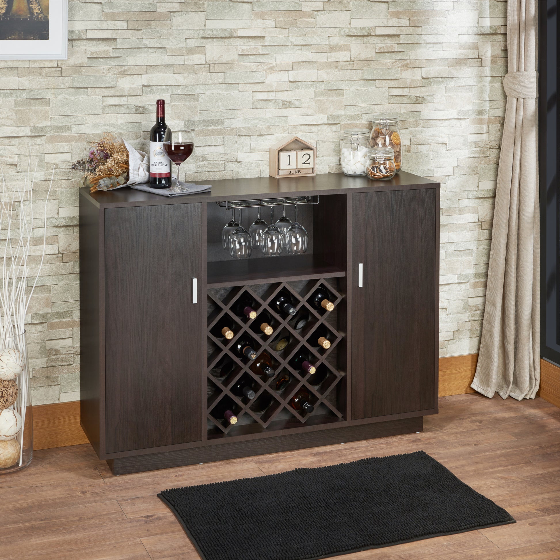 Espresso 2 Door Wine Cabinet With Stemware Rack Espresso Kitchen Mdf