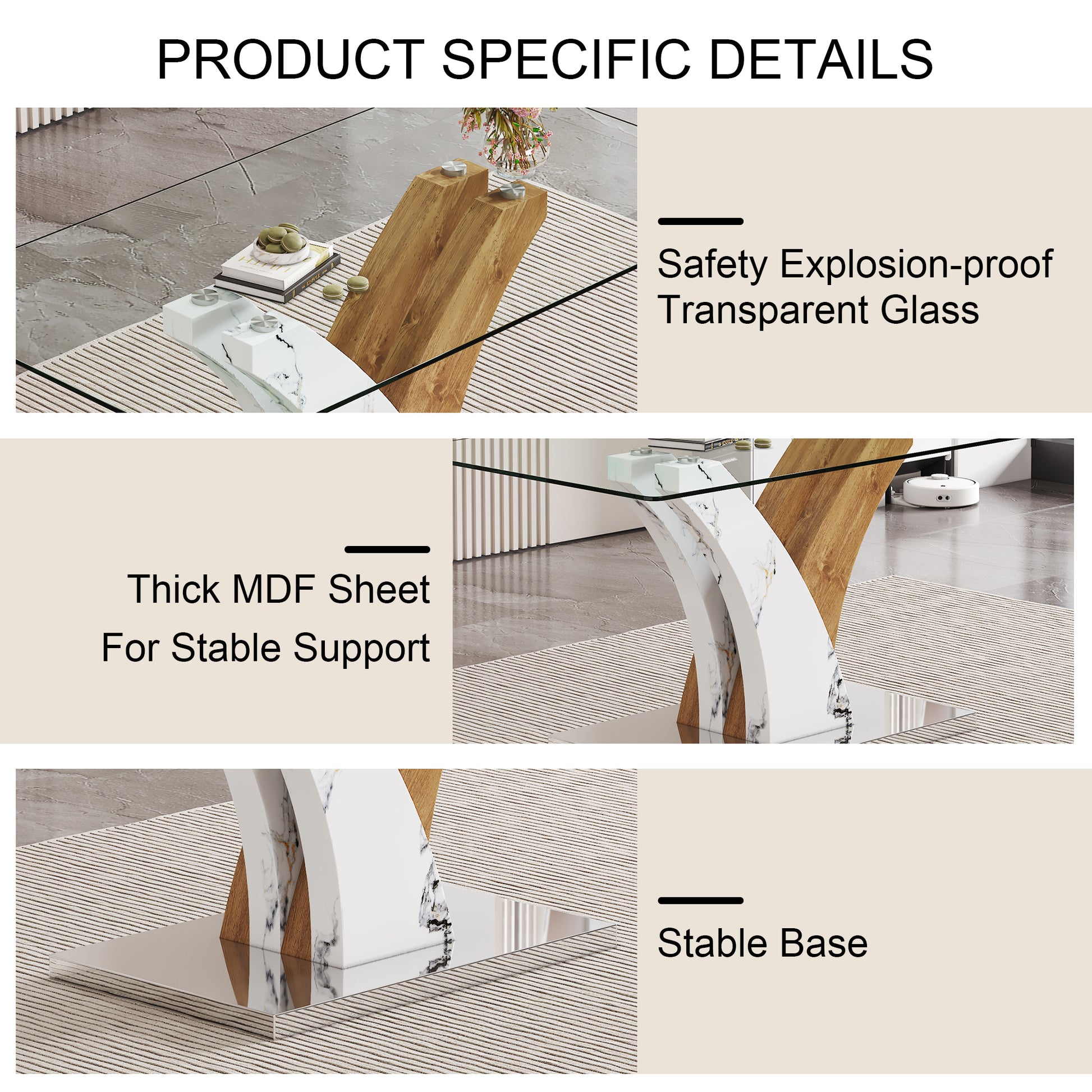 Table And Chair Set.Modern Dining Table, Tempered Glass Countertop With Artistic Mdf Legs.Paried With 4 Comfortable Chairs With Pu Seats And Metal Legs. Suitable For Various Decoration Styles. Transparent,White Seats 4 Mdf Glass