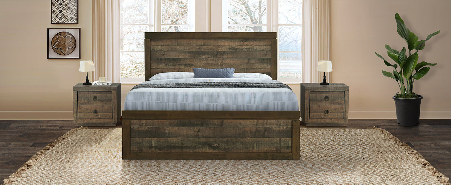 3 Pieces Vintage Farmhouse Style Full Size Platform Bed With 10 Wooden Slats Support 2 Nightstands, No Box Spring Needed, Rustic Brown Box Spring Not Required Full Rustic Brown Wood 3 Piece Set Bedroom Traditional Plywood