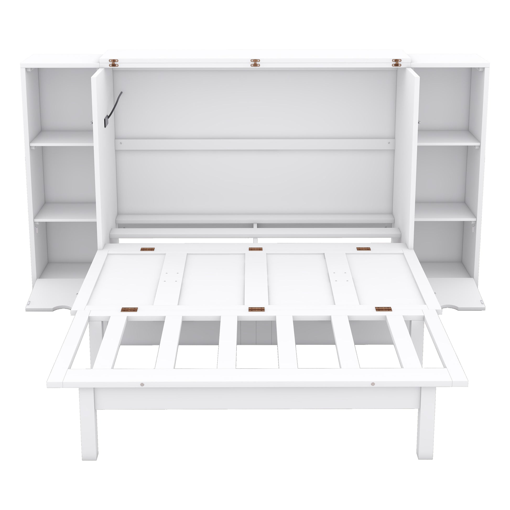 Full Size Murphy Bed With Shelves, Drawers And Usb Ports,White White Mdf Lvl