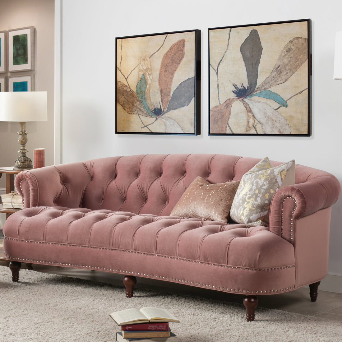 La Rosa Victorian Chesterfield Tufted Sofa, Ash Rose Pink Velvet Pink Foam Velvet 3 Seat