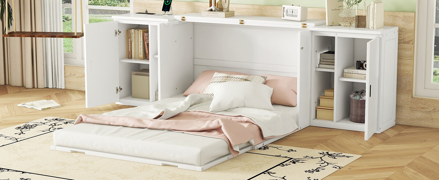 Full Size Murphy Bed With Shelves, Cabinets And Usb Ports,White White Mdf Lvl