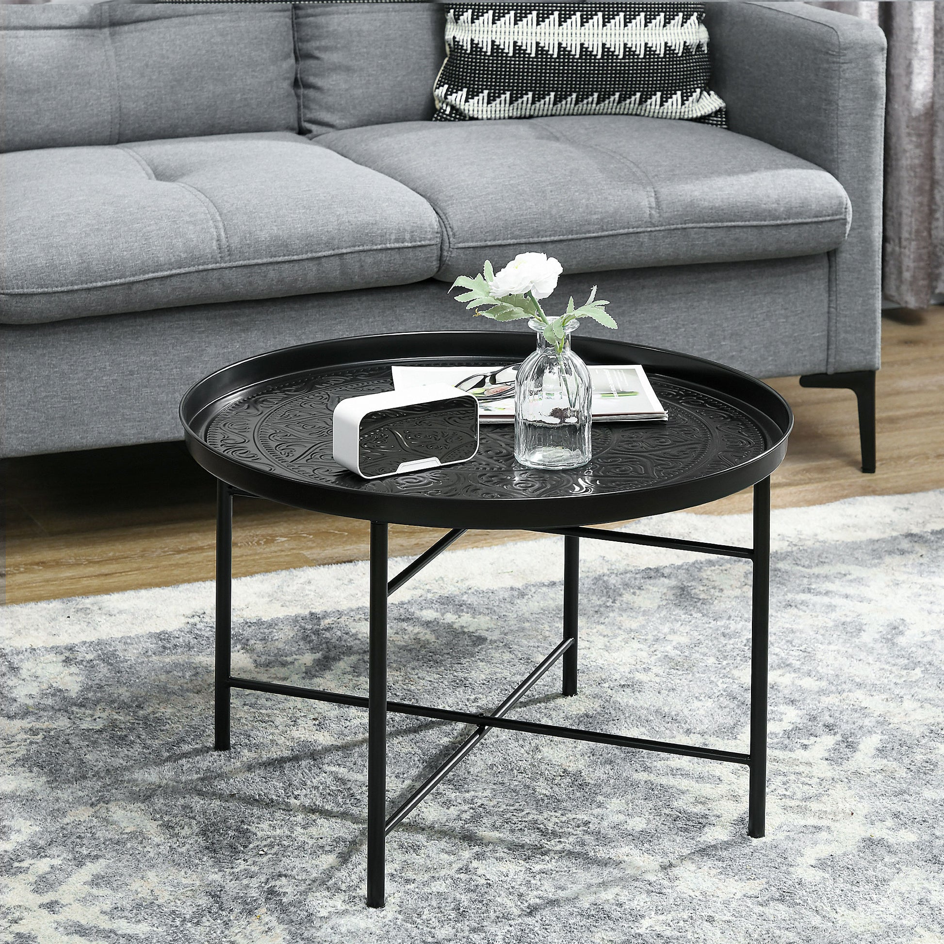 Homcom 24" Round Coffee Table With Hammered Tray Top, Vintage Metal Center Table For Living Room, Bedroom, Side Table, Black Black Metal